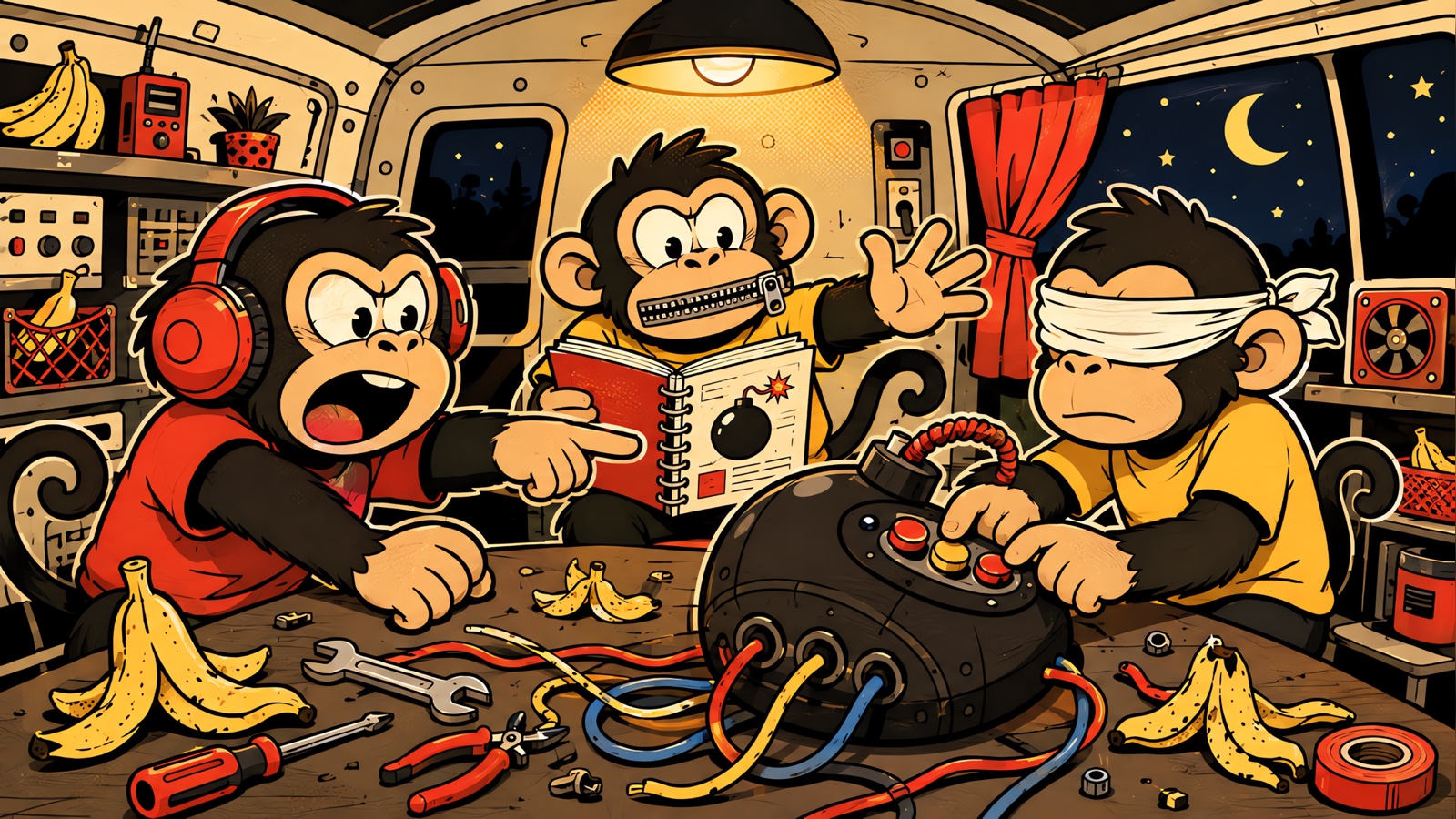 Wide sticker-style artwork of the BOMBANANA! van: the headphoned monkey points at the bomb, the zipper-mouthed monkey gestures with the open manual, the blindfolded monkey works the bomb