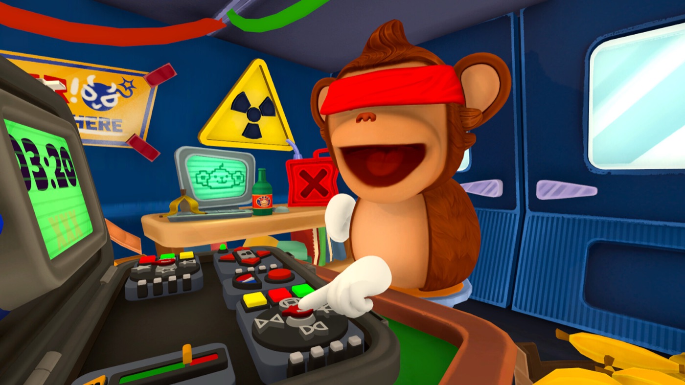 Inside a BOMBANANA! round: a monkey works the bomb control panels while the countdown timer runs